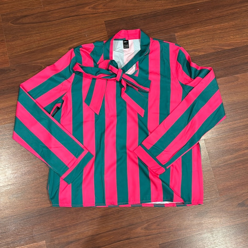 Beautiful Satin Long Sleeve Striped Shirt, Round Neck with Bow